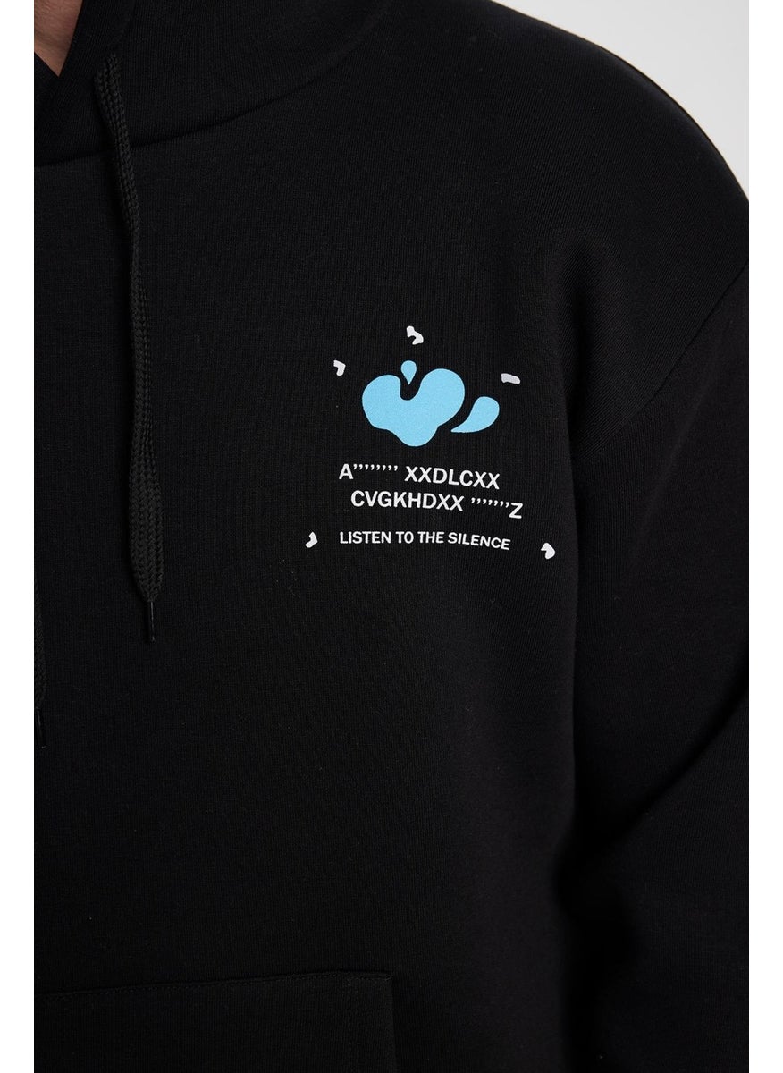 Unisex Oversize Wide Cut Cotton Soft Textured Polar Fleece Printed Black Hooded Sweatshirt