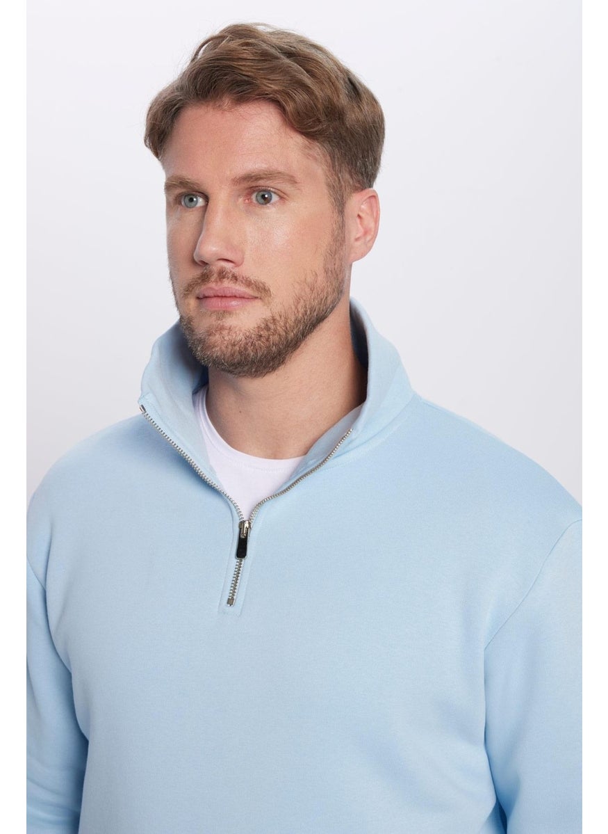 Unisex Relax Fit Comfortable Cut Cotton Polar Fleece Half Zipper Blue Stand Collar Sweatshirt