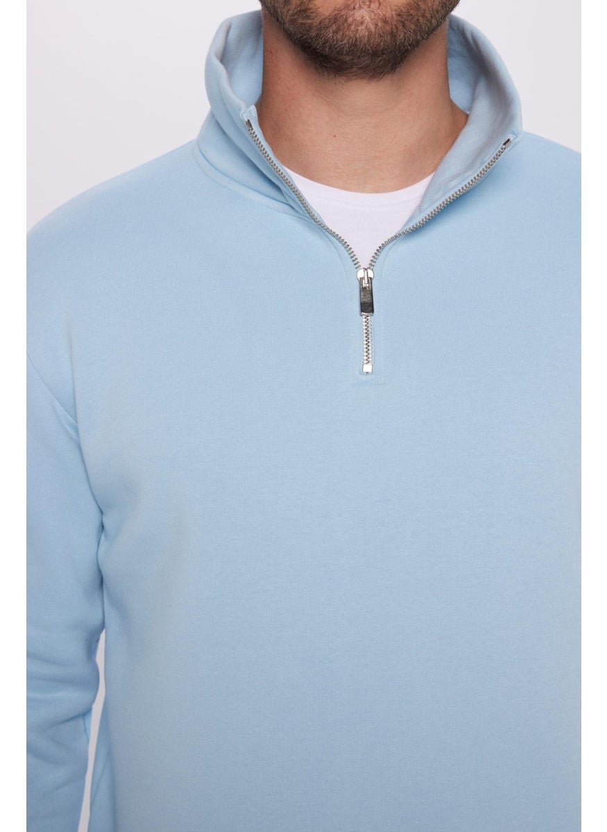 Unisex Relax Fit Comfortable Cut Cotton Polar Fleece Half Zipper Blue Stand Collar Sweatshirt