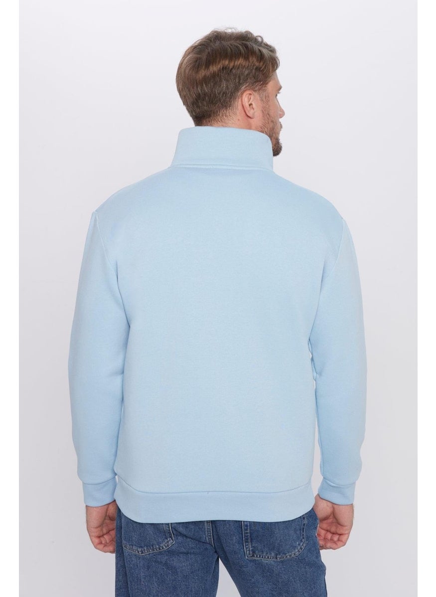 Unisex Relax Fit Comfortable Cut Cotton Polar Fleece Half Zipper Blue Stand Collar Sweatshirt