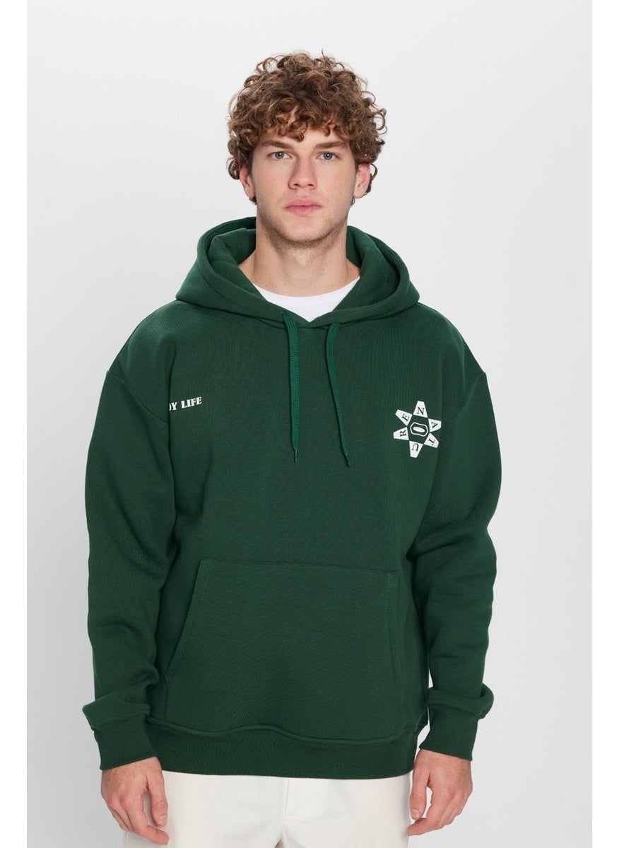 Oversize Wide Cut Cotton Soft Textured Polar Fleece Printed Green Hooded Sweatshirt