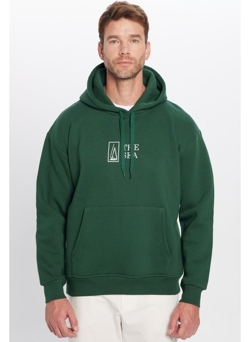 Oversize Wide Cut Cotton Soft Textured Polar Fleece Inside Printed Green Hooded Sweatshirt
