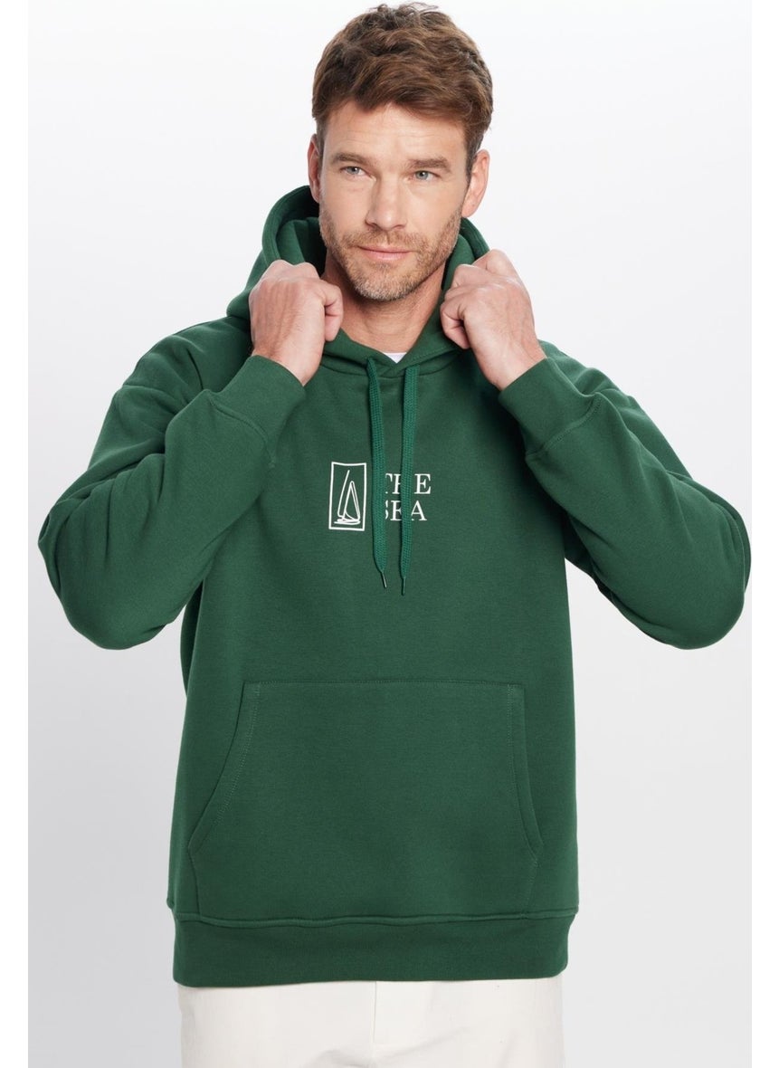 Oversize Wide Cut Cotton Soft Textured Polar Fleece Inside Printed Green Hooded Sweatshirt
