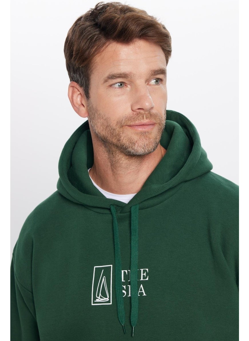 Oversize Wide Cut Cotton Soft Textured Polar Fleece Inside Printed Green Hooded Sweatshirt