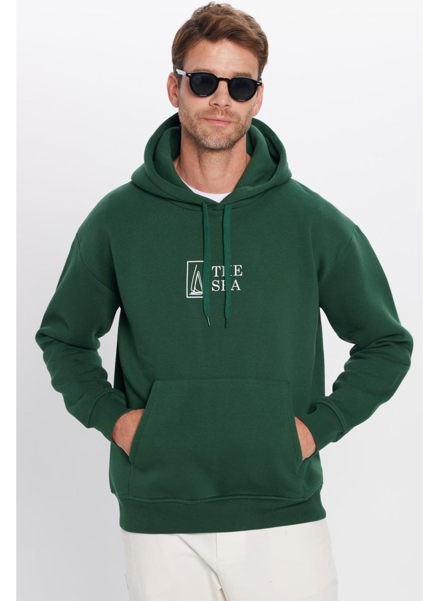 Oversize Wide Cut Cotton Soft Textured Polar Fleece Inside Printed Green Hooded Sweatshirt