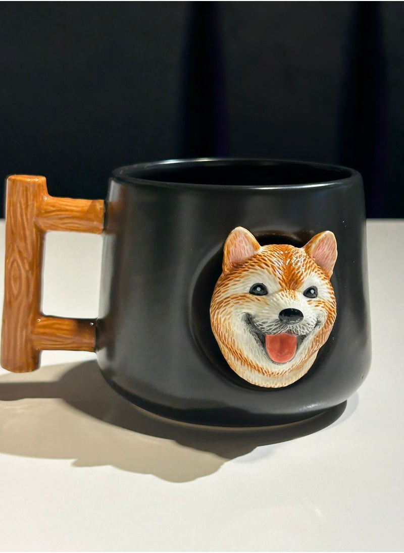 Shiba Inu Dog Shaped Ceramic Mug with Wooden Handle, Black