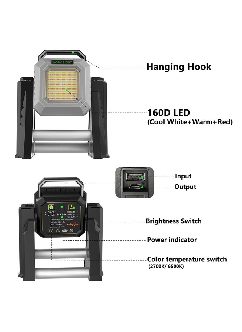 LED Work Light 6000LM Cordless Work Lights 15000mAh Rechargeable Work Light Telescopic With Stand Outdoor Flood Light 2700/6500K 128 White Light SMD 128 Yellow Light SMD 20 Red Light SMD Camping Light Cob Light