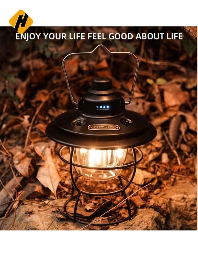 Retro LED Camping Lantern, USB Rechargeable Camping Lamp with 3 Light Modes, Vintage Camping Lights, Portable Waterproof Hanging Tent Light for Hiking Fishing