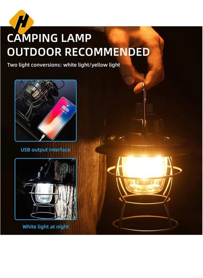 Retro LED Camping Lantern, USB Rechargeable Camping Lamp with 3 Light Modes, Vintage Camping Lights, Portable Waterproof Hanging Tent Light for Hiking Fishing