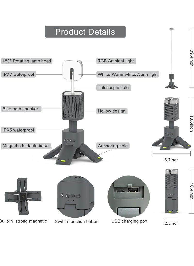 Camping Lantern, 14000mAh Rechargeable Telescopic Camping Lights Built-in Magnetic Stand with Speaker, Portable Waterproof Outdoor LED Flashlight for Emergency, Hiking, Camping, Fishing - Grey