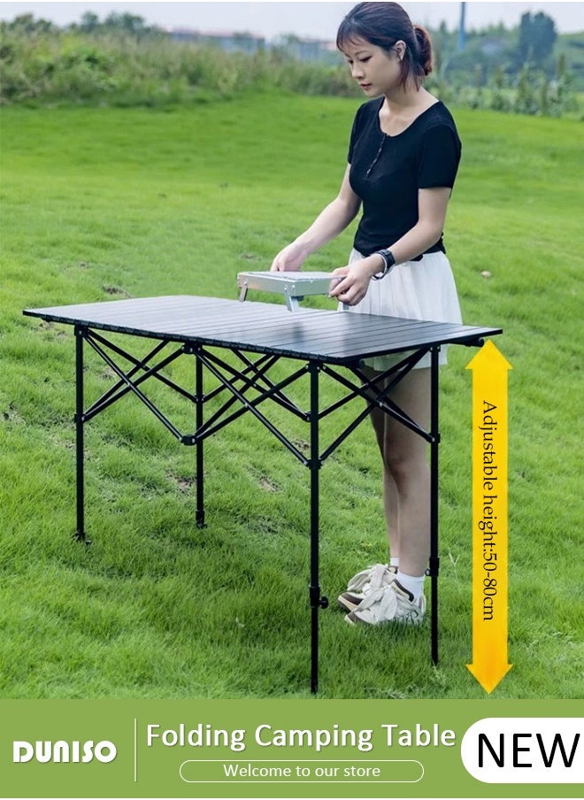 Folding Camping Table, Portable Adjustable Height Picnic Table with Storage Waterproof Bag,  Lightweight Roll-up Aluminum Table for Beach, Hiking, Fishing, Backyard, BBQ, Party