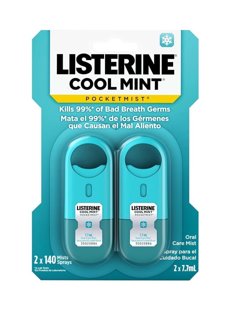 Listerine Cool Mint Pocketmist, Oral Care Mist for Fresh Breath, Non-Aerosol Sugar-Free Bad Breath Refresher Spray to Kill 99% of Bad Breath Germs, Portable, Cool Mint Flavor, 7.7 mL, 12 Mists