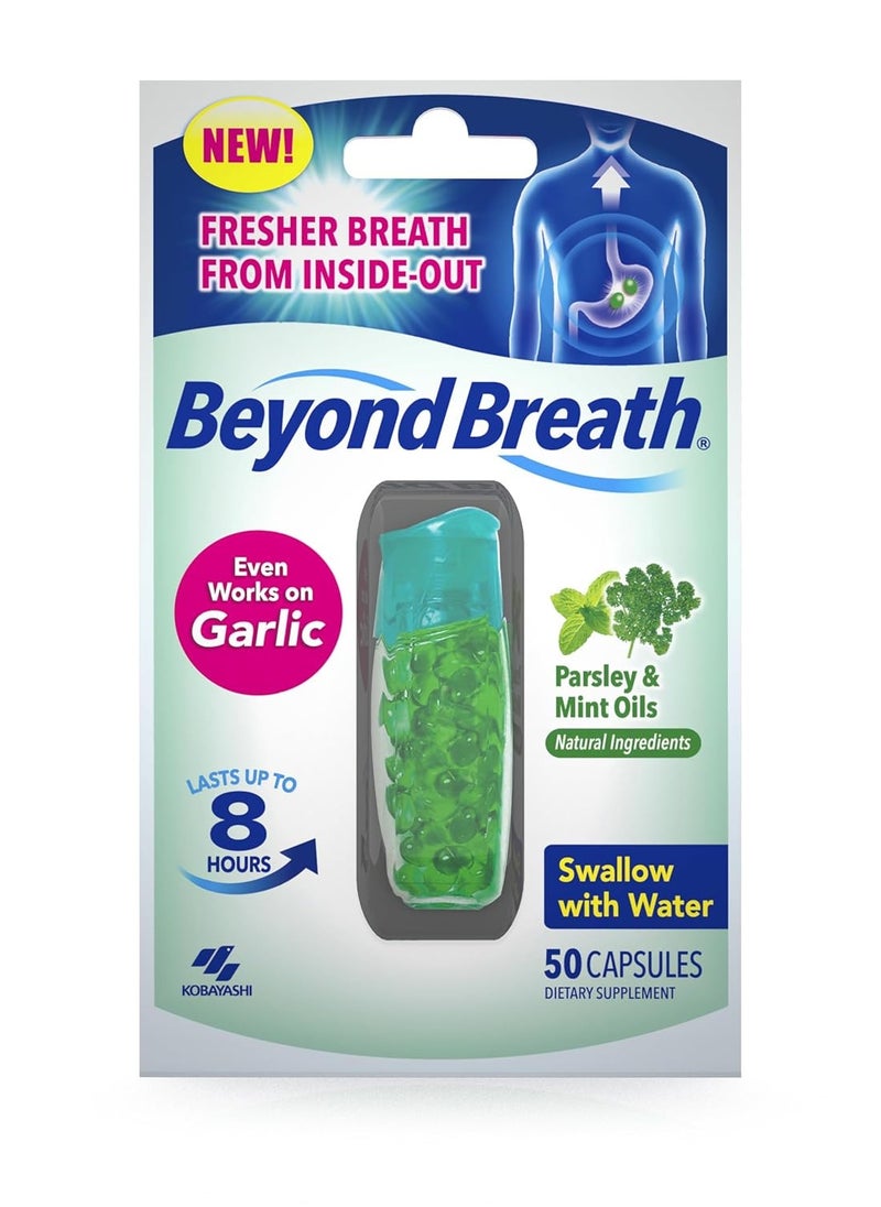 Breath Freshening Capsules, Fresher Breath From Inside-Out, Even Works On Bad Breath From Garlic, Lasts Up To 8 Hours, 50 Capsules