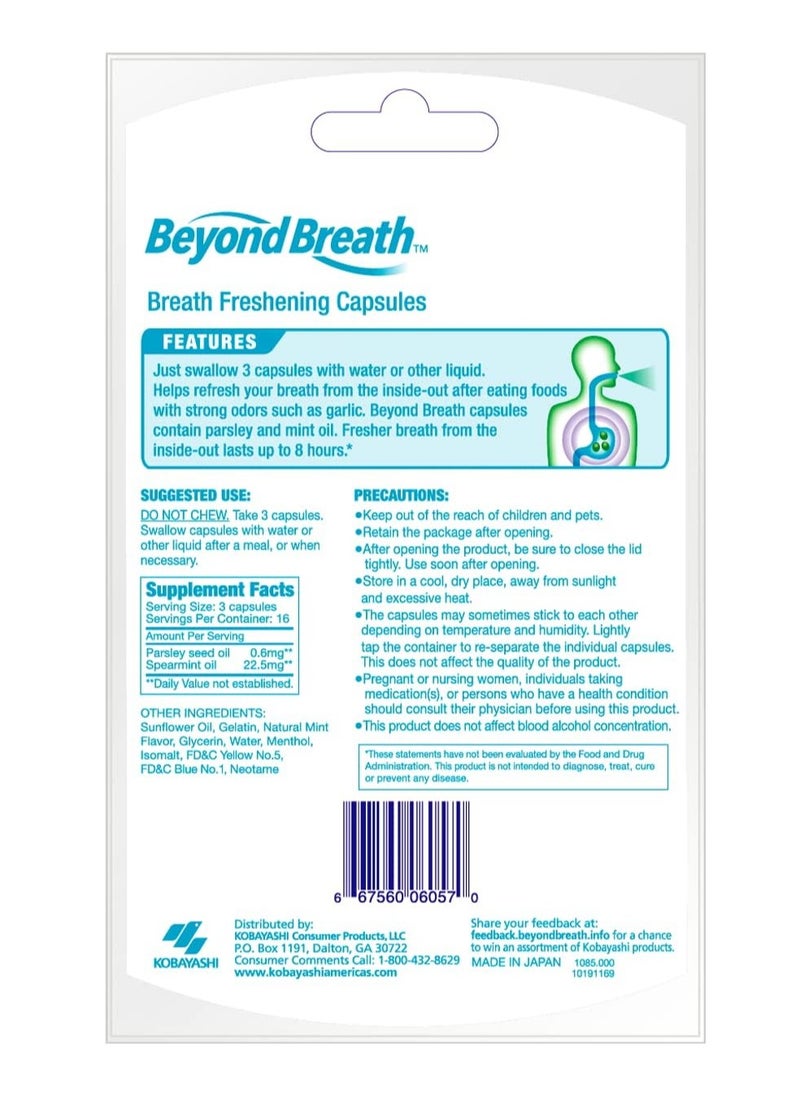 Breath Freshening Capsules, Fresher Breath From Inside-Out, Even Works On Bad Breath From Garlic, Lasts Up To 8 Hours, 50 Capsules