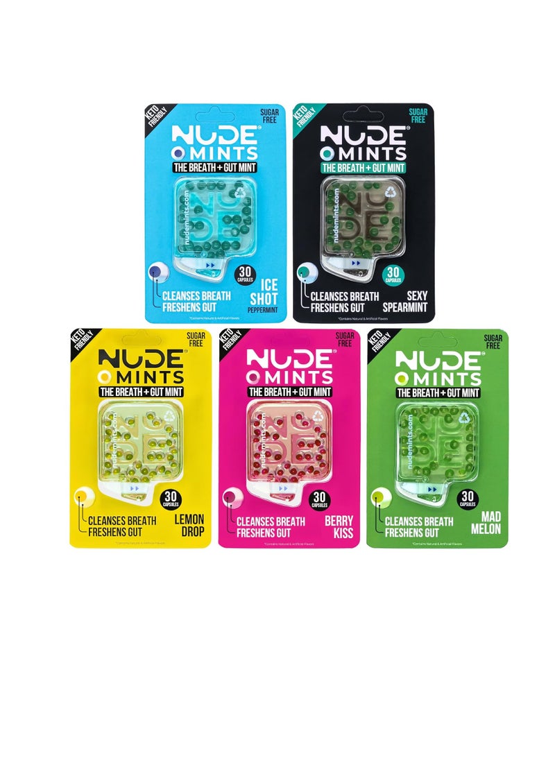 NUDE MINTS | Dual Action Liquid Capsules | Mouth Watering Mint - Lasts 3X Longer - 3X Stronger - Extreme Bad Breath Treatment For Adults - Sugar Free, 0 Calorie - Variety - 5 Pack - 150 Capsules