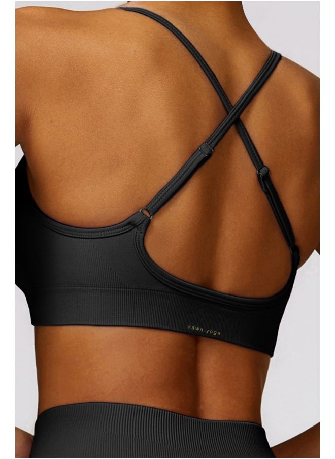 Womens Cross Striped Back Sports Bra - Padded Low Impact Workout Yoga Bra with Removable Built in Bra