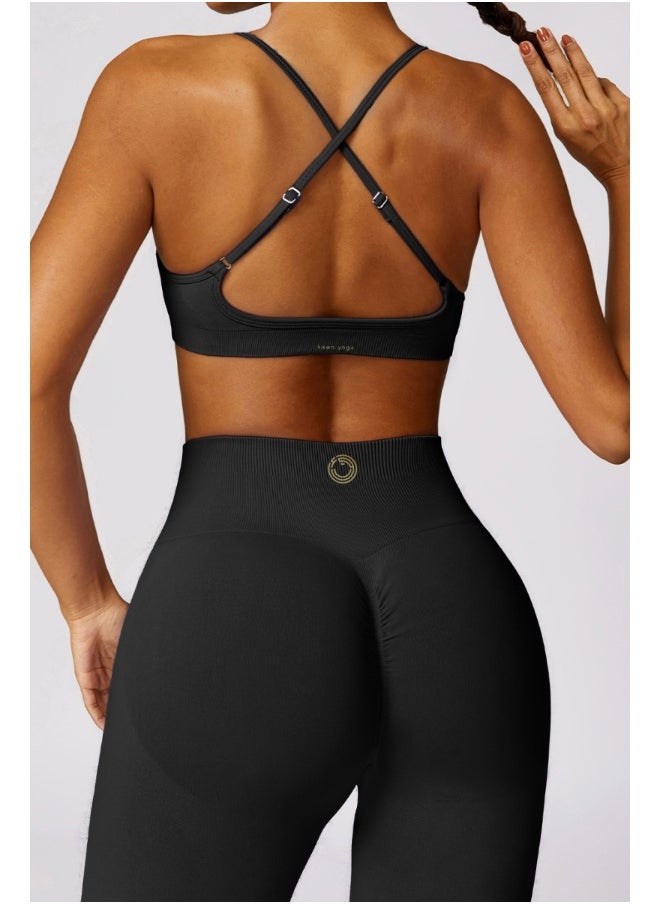 Womens Cross Striped Back Sports Bra - Padded Low Impact Workout Yoga Bra with Removable Built in Bra