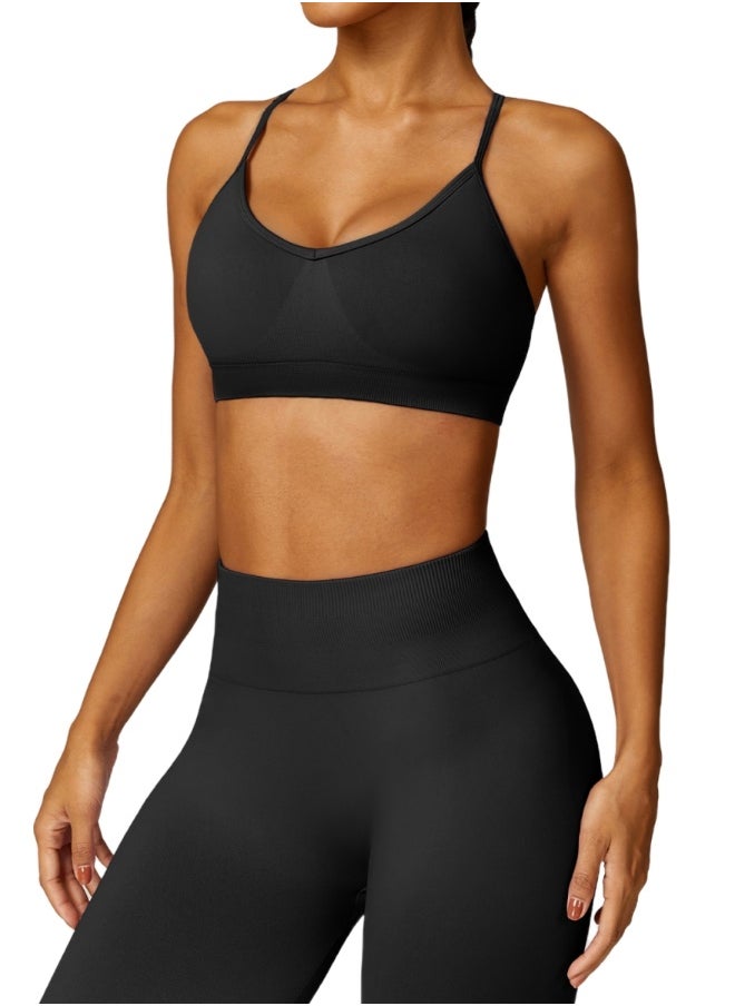 Womens Cross Striped Back Sports Bra - Padded Low Impact Workout Yoga Bra with Removable Built in Bra