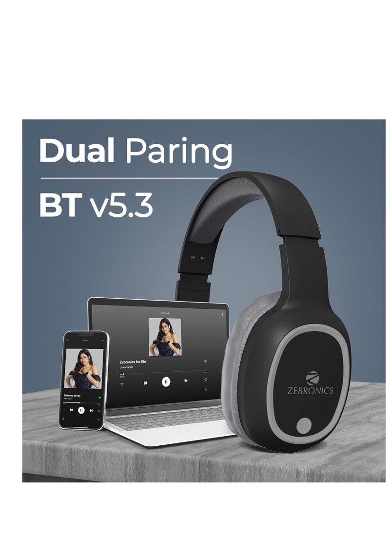 ZEBRONICS THUNDER Bluetooth 5.3 Wireless Headphones with 60H Backup, Gaming Mode, Dual Pairing, ENC, AUX, Micro SD, Voice assistant, Comfortable Earcups, Call Function(Black)