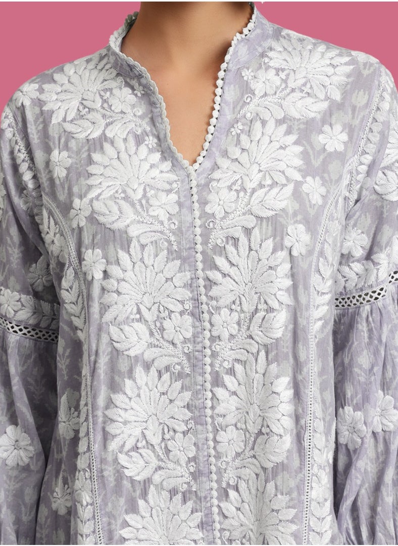 Hand Embroidered Chikankari Mulmul Cotton Printed Jalabiya-AL4053