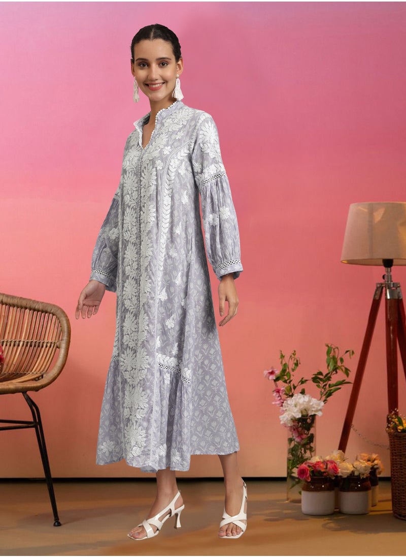 Hand Embroidered Chikankari Mulmul Cotton Printed Jalabiya-AL4053