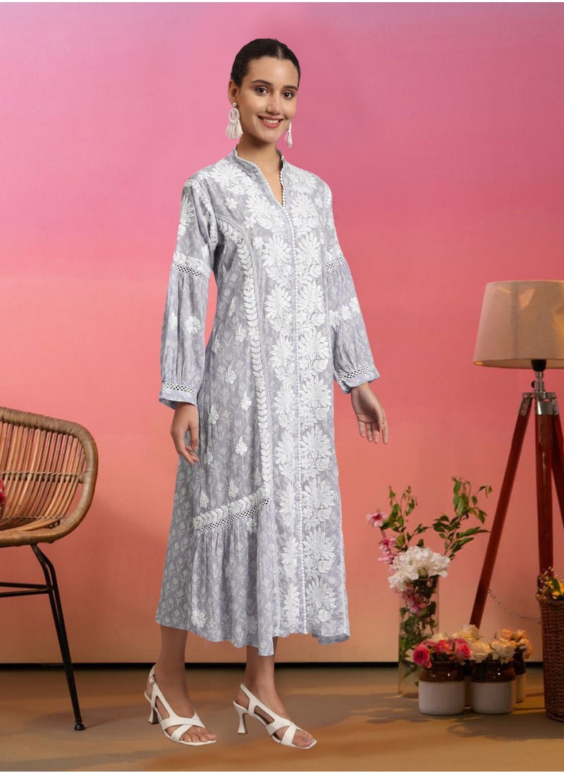 Hand Embroidered Chikankari Mulmul Cotton Printed Jalabiya-AL4053