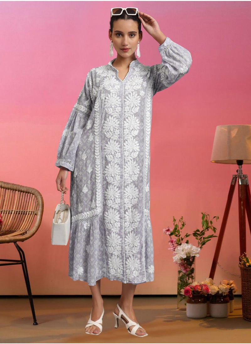 Hand Embroidered Chikankari Mulmul Cotton Printed Jalabiya-AL4053