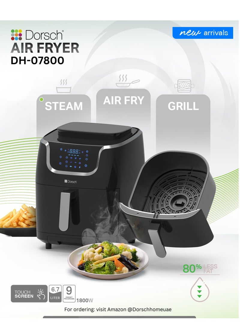 Danish Design Air Fryer AF-900 - 6.7L Dual-Function Steamer & Air Fryer, 9 One-Touch Programs, 3 Custom Modes, Adjustable Temperature & Timer, Healthy Cooking, Quick & Easy Clean, Digital Touchscreen, 1700W Power