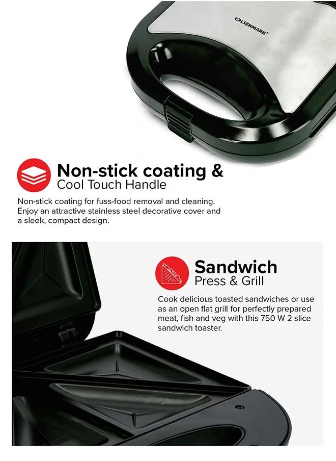 2-Slice Sandwich Maker Toaster, 750W, Non-Stick Coating, Overheat Protection, Ideal for Toast & Sandwiches, Black