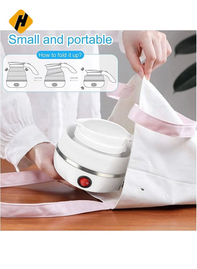 Portable Folding Electric Kettle, Fast Boiling Foldable Electric Kettle for Travel Food Grade Silicone Boil Dry Protection Kettle with Separable Power Cord for Hiking Camping and Indoor (White)