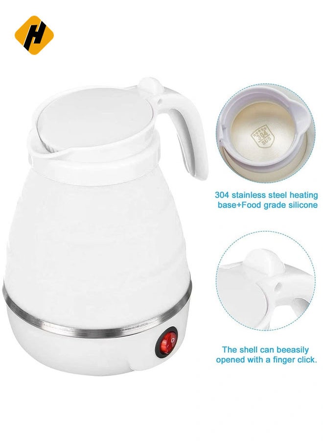 Portable Folding Electric Kettle, Fast Boiling Foldable Electric Kettle for Travel Food Grade Silicone Boil Dry Protection Kettle with Separable Power Cord for Hiking Camping and Indoor (White)