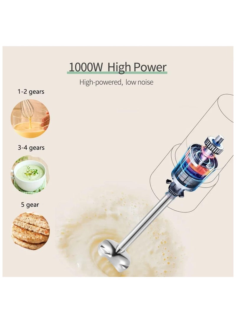 1000W 4-in-1 Hand Blender – 5-Speed Adjustable, Turbo Mode, Stainless Steel Blades, with Whisk, 500ml Chopper & 700ml Measuring Cup, BPA-Free Kitchen Processor for Smoothies, Soups, Sauces, and More