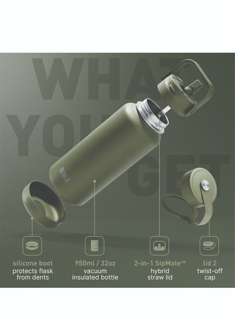 950ml Water Bottle 18/8 Stainless Steel 304 Double Wall Insulated Thermos Bottle with Straw Lid and wide mouth, 2 lids included, Hot Cold Liquids Sports Bottle, 32oz (Forest Green)