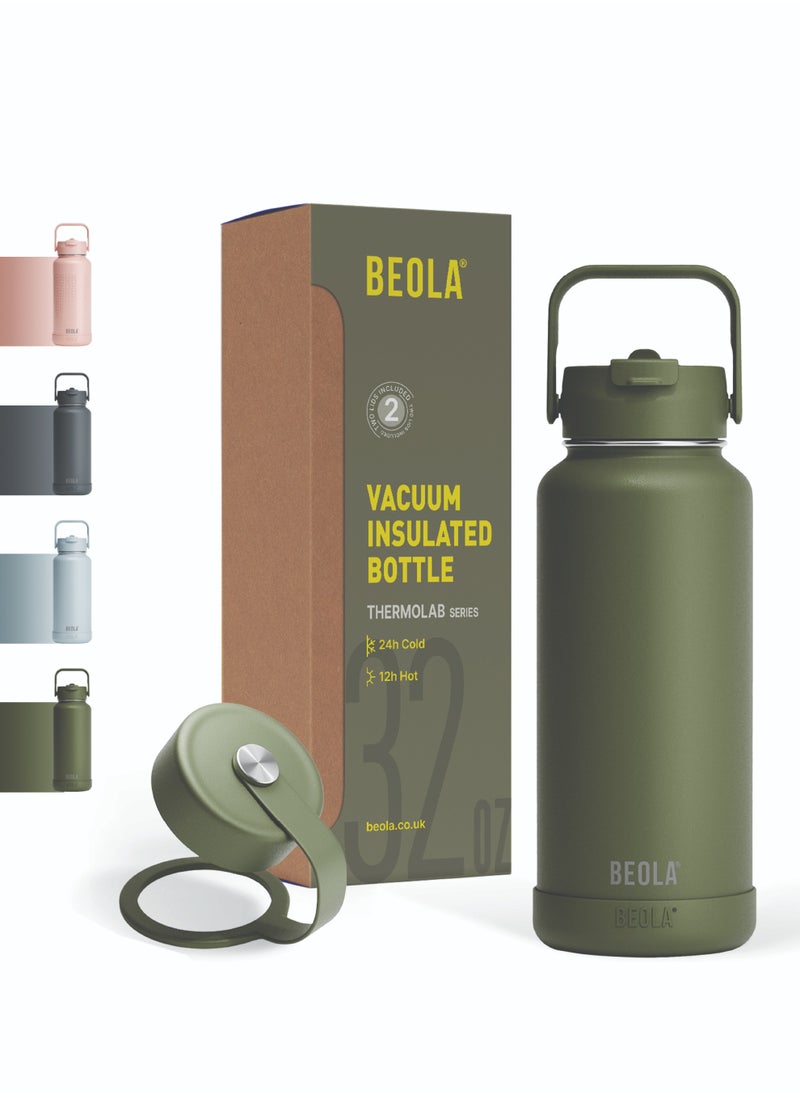 950ml Water Bottle 18/8 Stainless Steel 304 Double Wall Insulated Thermos Bottle with Straw Lid and wide mouth, 2 lids included, Hot Cold Liquids Sports Bottle, 32oz (Forest Green)