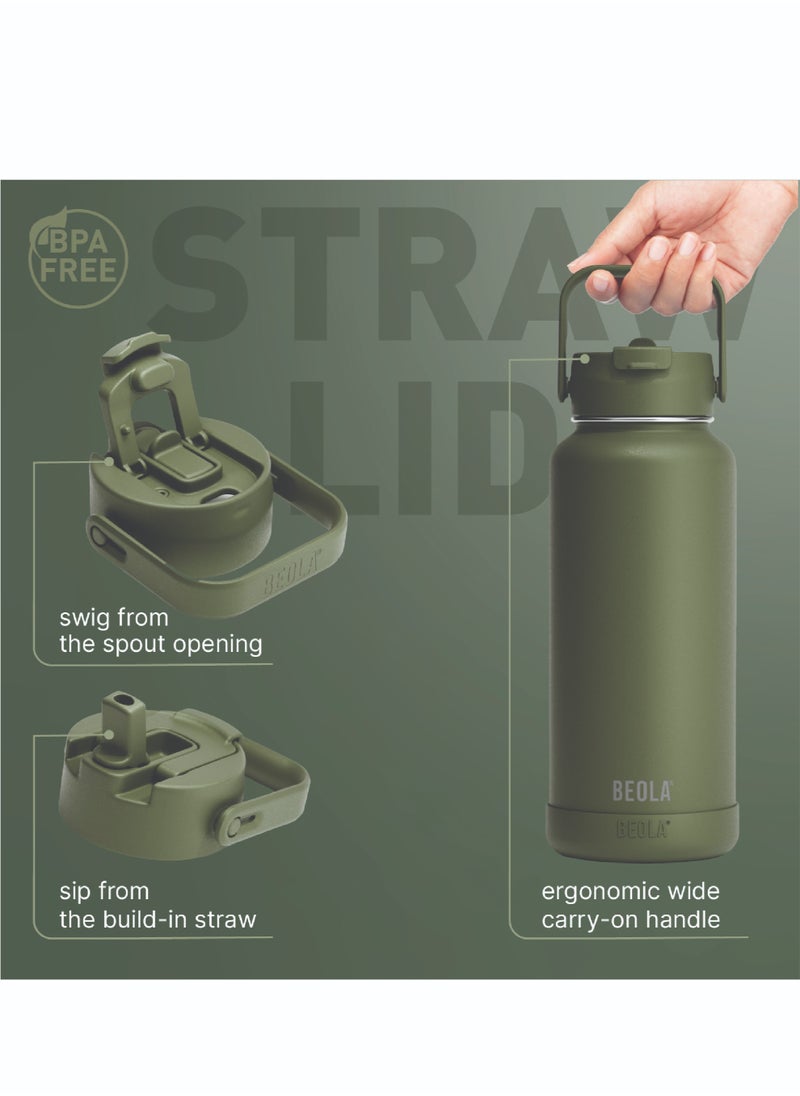 950ml Water Bottle 18/8 Stainless Steel 304 Double Wall Insulated Thermos Bottle with Straw Lid and wide mouth, 2 lids included, Hot Cold Liquids Sports Bottle, 32oz (Forest Green)