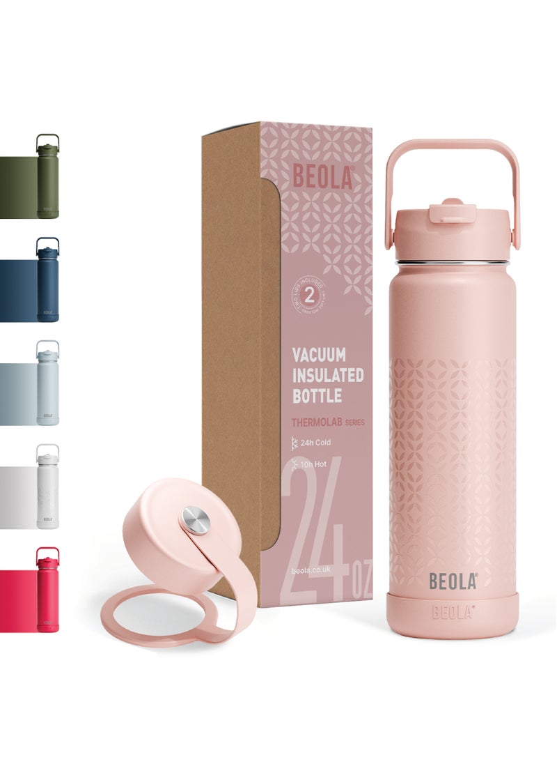 750ml Water Bottle 18/8 Stainless Steel 304 Double Wall Insulated Thermos Bottle with Straw Lid and wide mouth, 2 lids included, Hot Cold Liquids Sports Bottle, 24oz (Blush Pink)