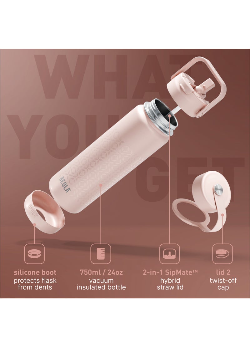 750ml Water Bottle 18/8 Stainless Steel 304 Double Wall Insulated Thermos Bottle with Straw Lid and wide mouth, 2 lids included, Hot Cold Liquids Sports Bottle, 24oz (Blush Pink)