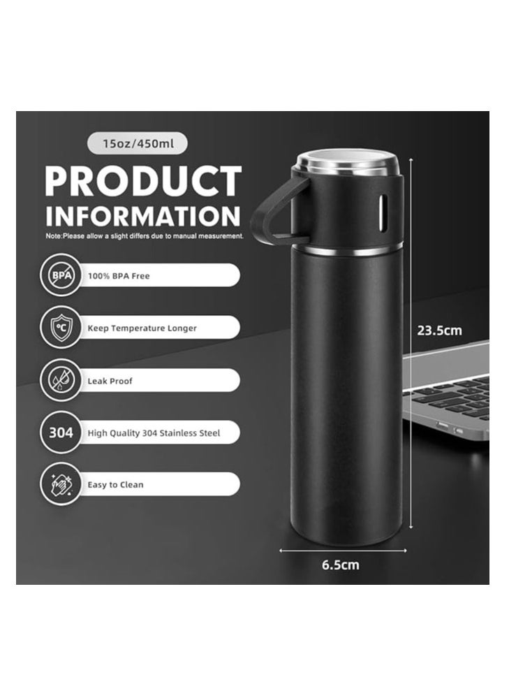 Liying Coffee Thermos Stainless Steel Vacuum-Insulated Water Bottle, 500ml/16.9oz Insulated Bottle with Cup for Hot & Cold Drink Travel Mug (Black, Three Cup)