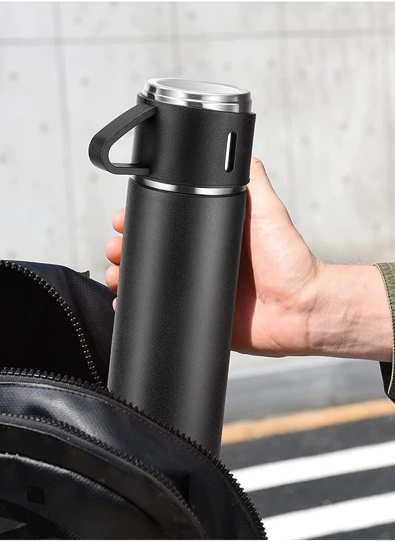 Liying Coffee Thermos Stainless Steel Vacuum-Insulated Water Bottle, 500ml/16.9oz Insulated Bottle with Cup for Hot & Cold Drink Travel Mug (Black, Three Cup)