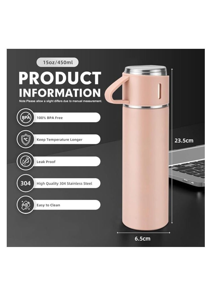 Liying Coffee Thermos Stainless Steel Vacuum-Insulated Water Bottle, 500ml/16.9oz Insulated Bottle with Cup for Hot & Cold Drink Travel Mug (Pink, Three Cup)