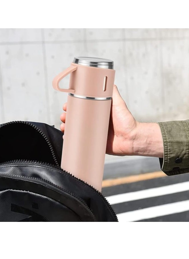 Liying Coffee Thermos Stainless Steel Vacuum-Insulated Water Bottle, 500ml/16.9oz Insulated Bottle with Cup for Hot & Cold Drink Travel Mug (Pink, Three Cup)