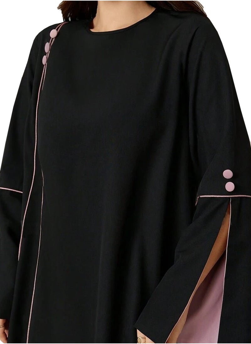 Modern Black Abaya with Soft Pink Contrast Details