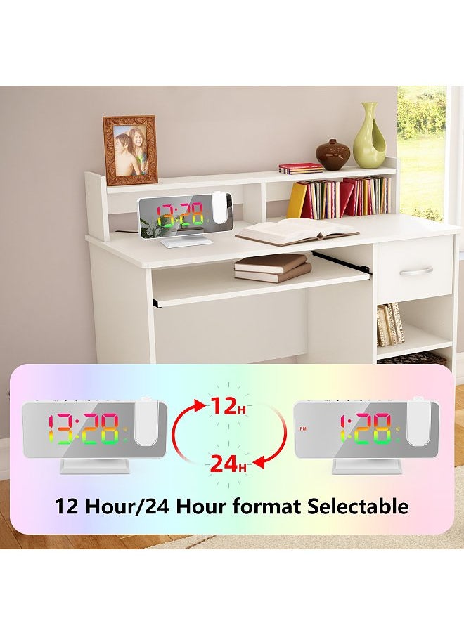 Digital 180°Projection Alarm Clock with Dynamic RGB Light Brightness Adjustable Snooze Dual Alarm Setting USB Charger Port Mirror Clock for Bedroom 12H/24H