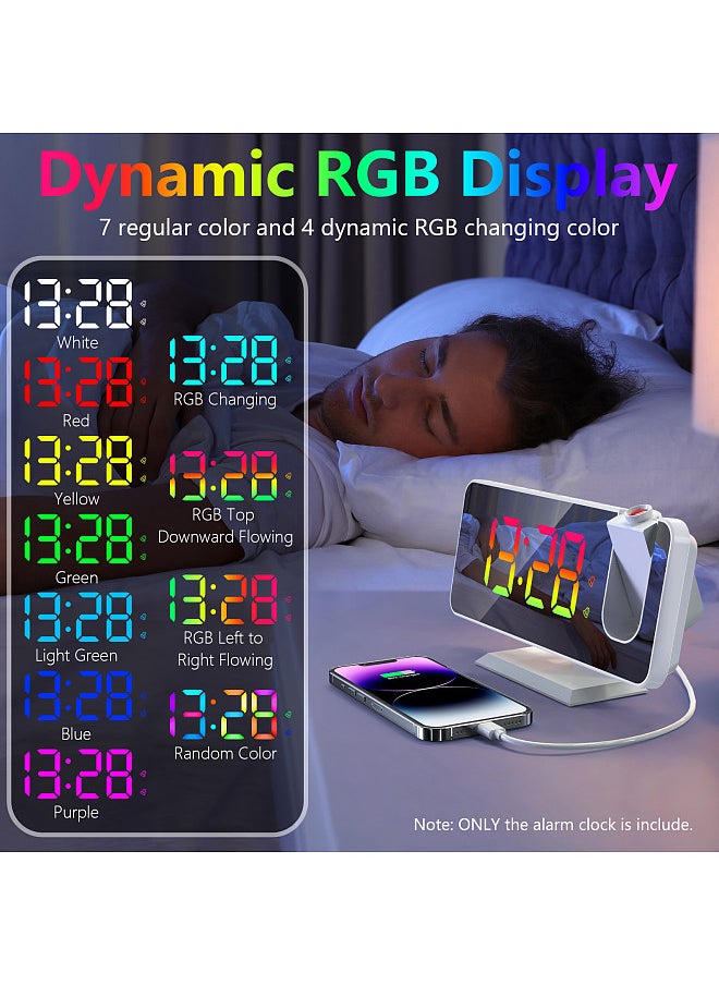 Digital 180°Projection Alarm Clock with Dynamic RGB Light Brightness Adjustable Snooze Dual Alarm Setting USB Charger Port Mirror Clock for Bedroom 12H/24H