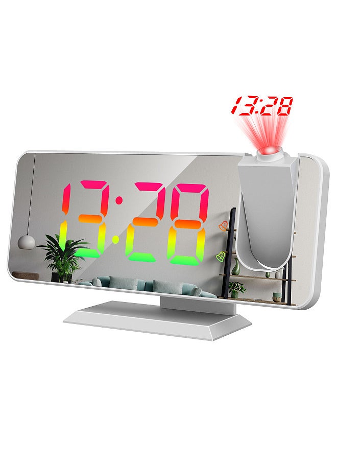 Digital 180°Projection Alarm Clock with Dynamic RGB Light Brightness Adjustable Snooze Dual Alarm Setting USB Charger Port Mirror Clock for Bedroom 12H/24H