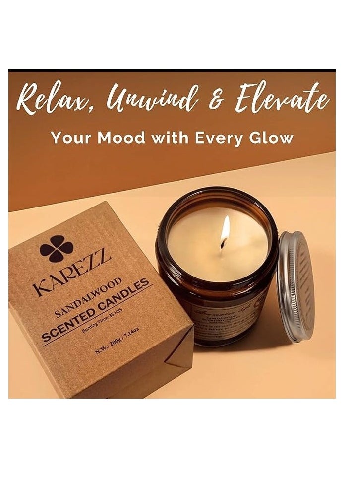 KAREZZ Sandalwood Scented Candle,200g . Plant Wax Based.Eco Friendly Aromatherapy Candle, Clean-Burning Cotton Wick, Calming Fragrance for Stress Relief- Ideal for Home Decor & Relaxation