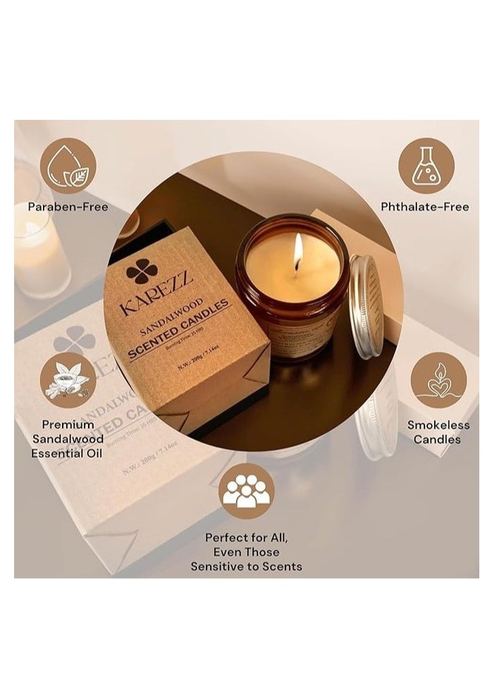 KAREZZ Sandalwood Scented Candle,200g . Plant Wax Based.Eco Friendly Aromatherapy Candle, Clean-Burning Cotton Wick, Calming Fragrance for Stress Relief- Ideal for Home Decor & Relaxation