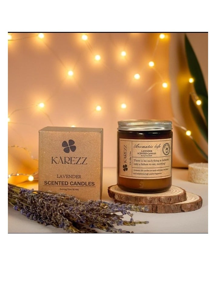 Karezz Lavender Scented Candles 200g.Plant Wax Base.Eco Friendly Aromatherapy Candle, Clean-Burning Cotton Wick,Calming Fragrance for Stress Relief.Ideal for Home Decor & Relaxation.