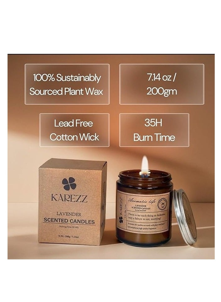 Karezz Lavender Scented Candles 200g.Plant Wax Base.Eco Friendly Aromatherapy Candle, Clean-Burning Cotton Wick,Calming Fragrance for Stress Relief.Ideal for Home Decor & Relaxation.