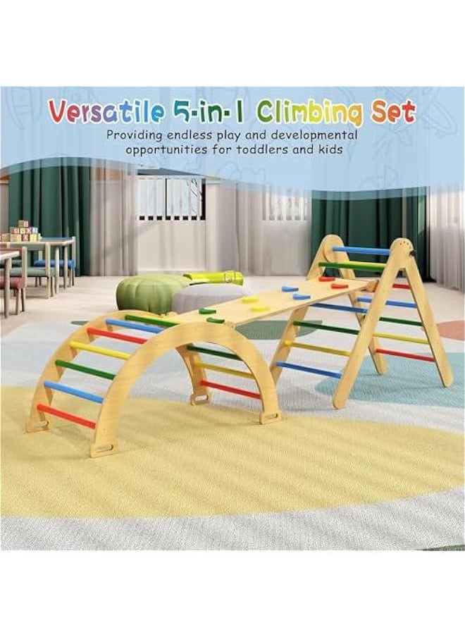 Baby Climbing Toys Indoor Playground,5-in-1 Rainbow Pikler Triangle Set,3Pcs Wooden Rainbow Montessori Climbing Set for 3+ Years Old Baby Suitable for Park Indoor Outoor Home (4 color)